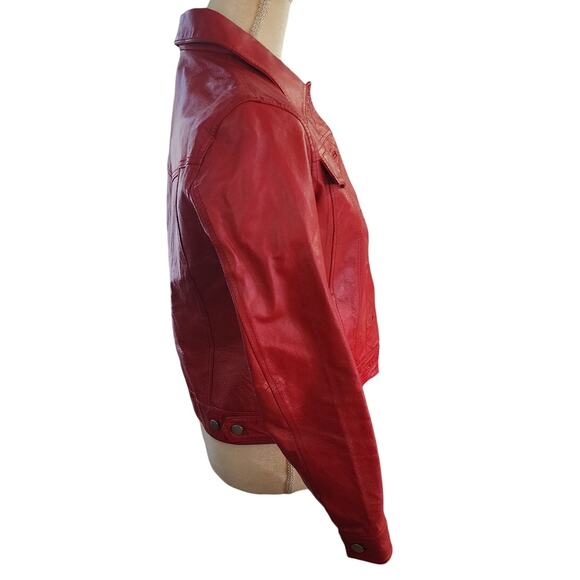 metro style fitted Button down red leather jacker Size 4 - Picture 2 of 7
